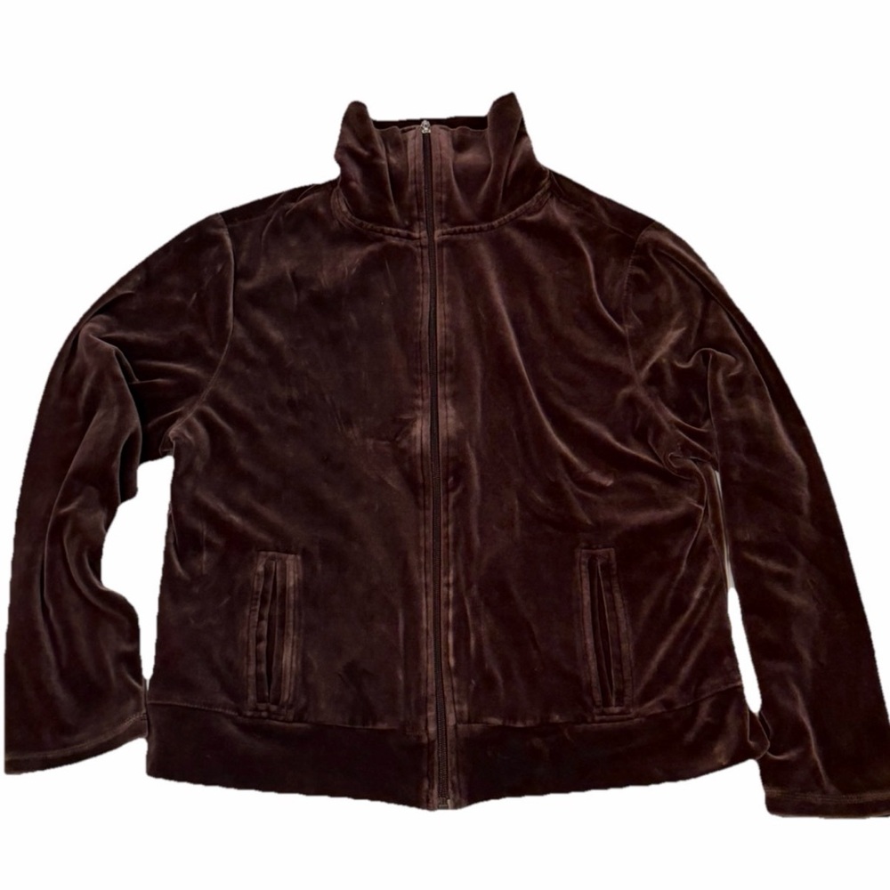 Talbots Petites Brown Velour Full Zip Women's Basic Activewear Jacket Large Y2k